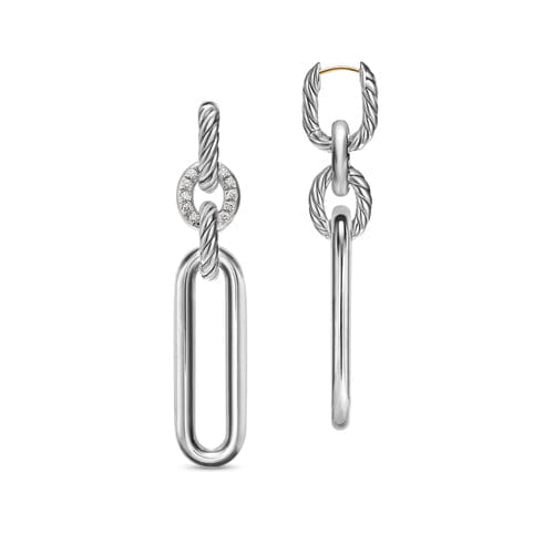 David Yurman Lexington Double Link Drop Earrings in Sterling Silver with Diamonds, 54mm