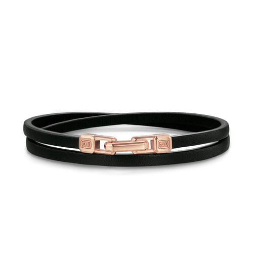 David Yurman Streamline Double Wrap Black Leather Bracelet with 18K Rose Gold, 5.2mm, Size Medium