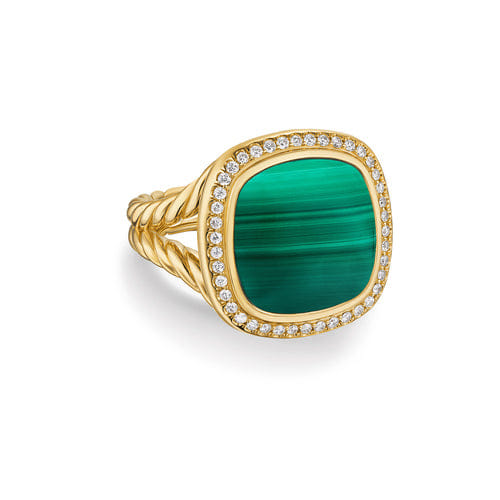 David Yurman Albion Ring in 18K Yellow Gold with Malachite and Diamonds, 15mm, Size 7