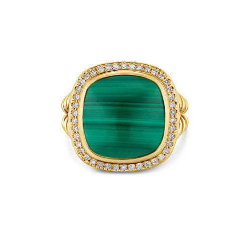 David Yurman Albion Ring in 18K Yellow Gold with Malachite and Diamonds, 15mm, Size 7