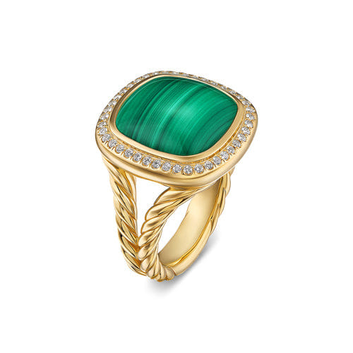 David Yurman Albion Ring in 18K Yellow Gold with Malachite and Diamonds, 15mm, Size 7