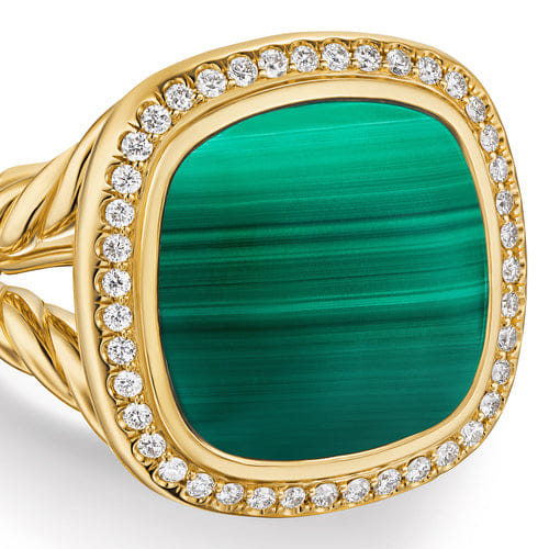 David Yurman Albion Ring in 18K Yellow Gold with Malachite and Diamonds, 15mm, Size 7