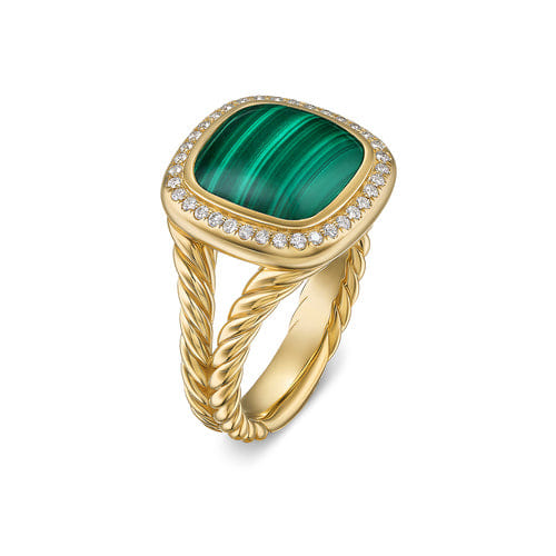 David Yurman Albion Ring in 18K Yellow Gold with Malachite and Diamonds, 11mm, Size 7