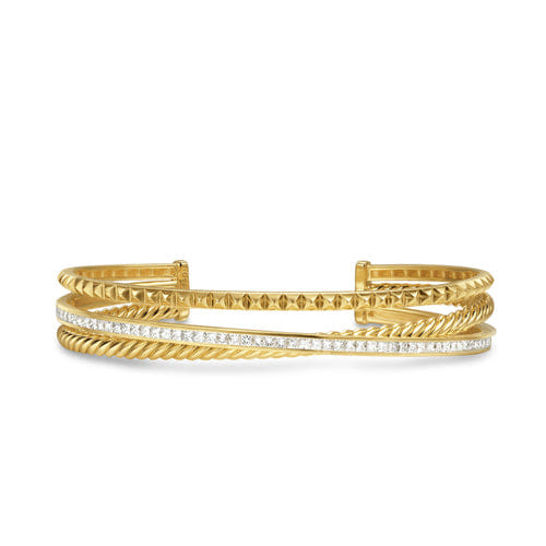 David Yurman Crossover Trio Three Row Cuff Bracelet in 18K Yellow Gold with Diamonds, 11mm, Size Medium