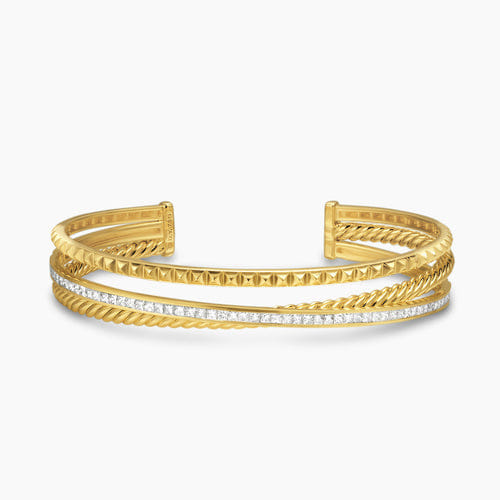 David Yurman Crossover Trio Three Row Cuff Bracelet in 18K Yellow Gold with Diamonds, 11mm, Size Medium
