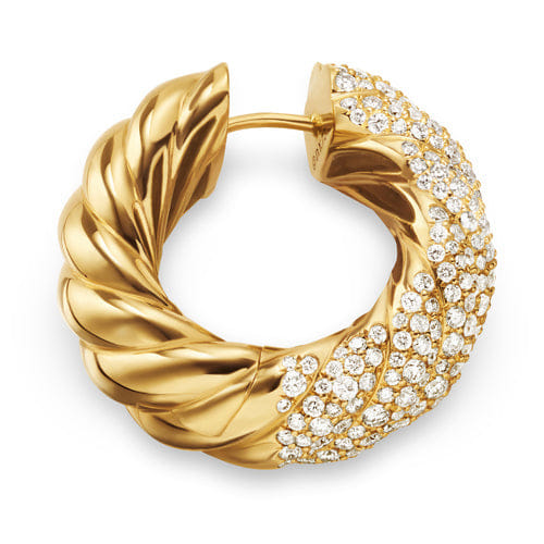 David Yurman Sculpted Cable Hoop Earrings in 18K Yellow Gold with Diamonds, 25mm