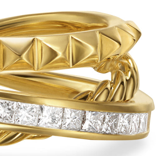 David Yurman Crossover Trio Three Row Ring in 18K Yellow Gold with Diamonds, 8mm, Size 6