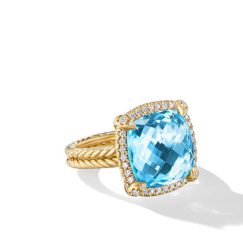 David Yurman Chatelaine Pavé Bezel Ring in 18K Yellow Gold with Blue Topaz and Diamonds, 14mm