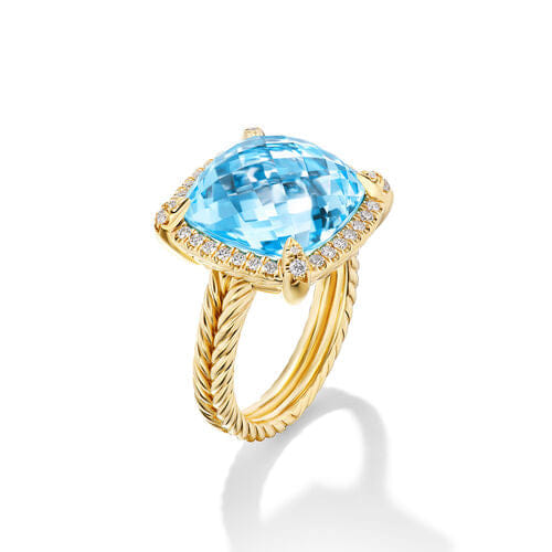 David Yurman Chatelaine Pavé Bezel Ring in 18K Yellow Gold with Blue Topaz and Diamonds, 14mm