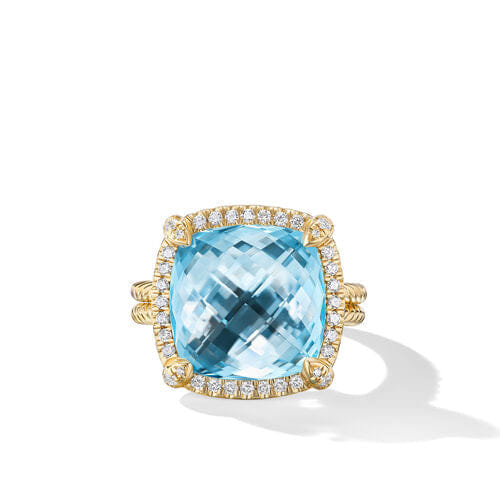 David Yurman Chatelaine Pavé Bezel Ring in 18K Yellow Gold with Blue Topaz and Diamonds, 14mm