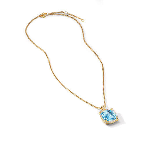 David Yurman Chatelaine Pavé Bezel Pendant Necklace in 18K Yellow Gold with Blue Topaz and Diamonds, 14mm
