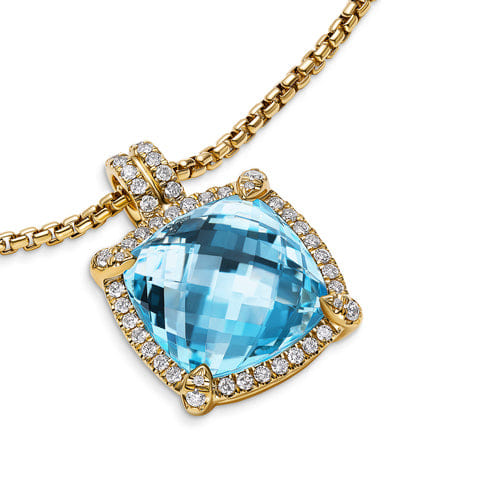 David Yurman Chatelaine Pavé Bezel Pendant Necklace in 18K Yellow Gold with Blue Topaz and Diamonds, 14mm