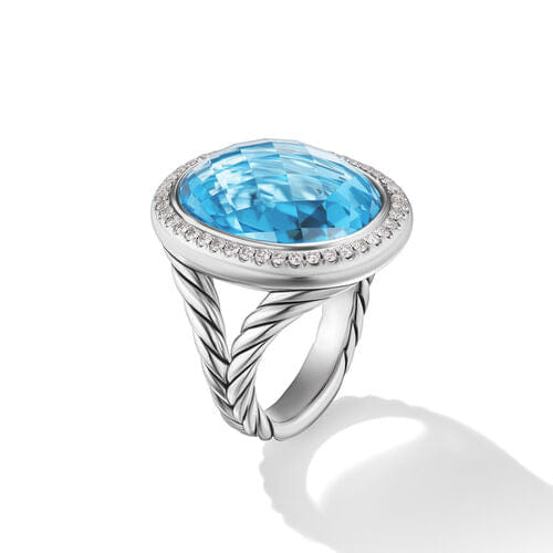 David Yurman Albion Oval Ring in Sterling Silver with Blue Topaz and Diamonds, 21mm