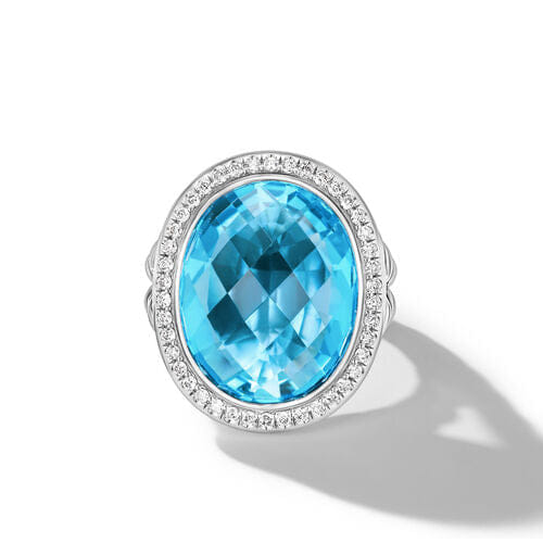 David Yurman Albion Oval Ring in Sterling Silver with Blue Topaz and Diamonds, 21mm
