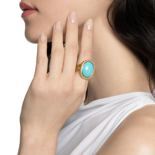 David Yurman Albion Oval Ring in 18K Yellow Gold with Turquoise and Diamonds, 21mm
