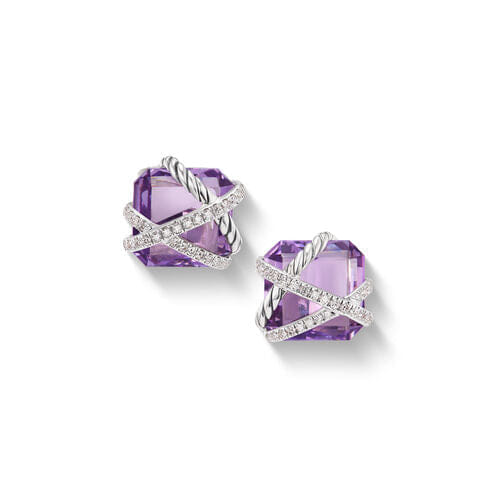 David Yurman Cable Wrap Stud Earrings in Sterling Silver with Lavender Amethyst and Diamonds, 12mm