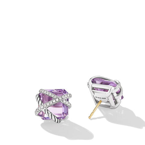 David Yurman Cable Wrap Stud Earrings in Sterling Silver with Lavender Amethyst and Diamonds, 12mm
