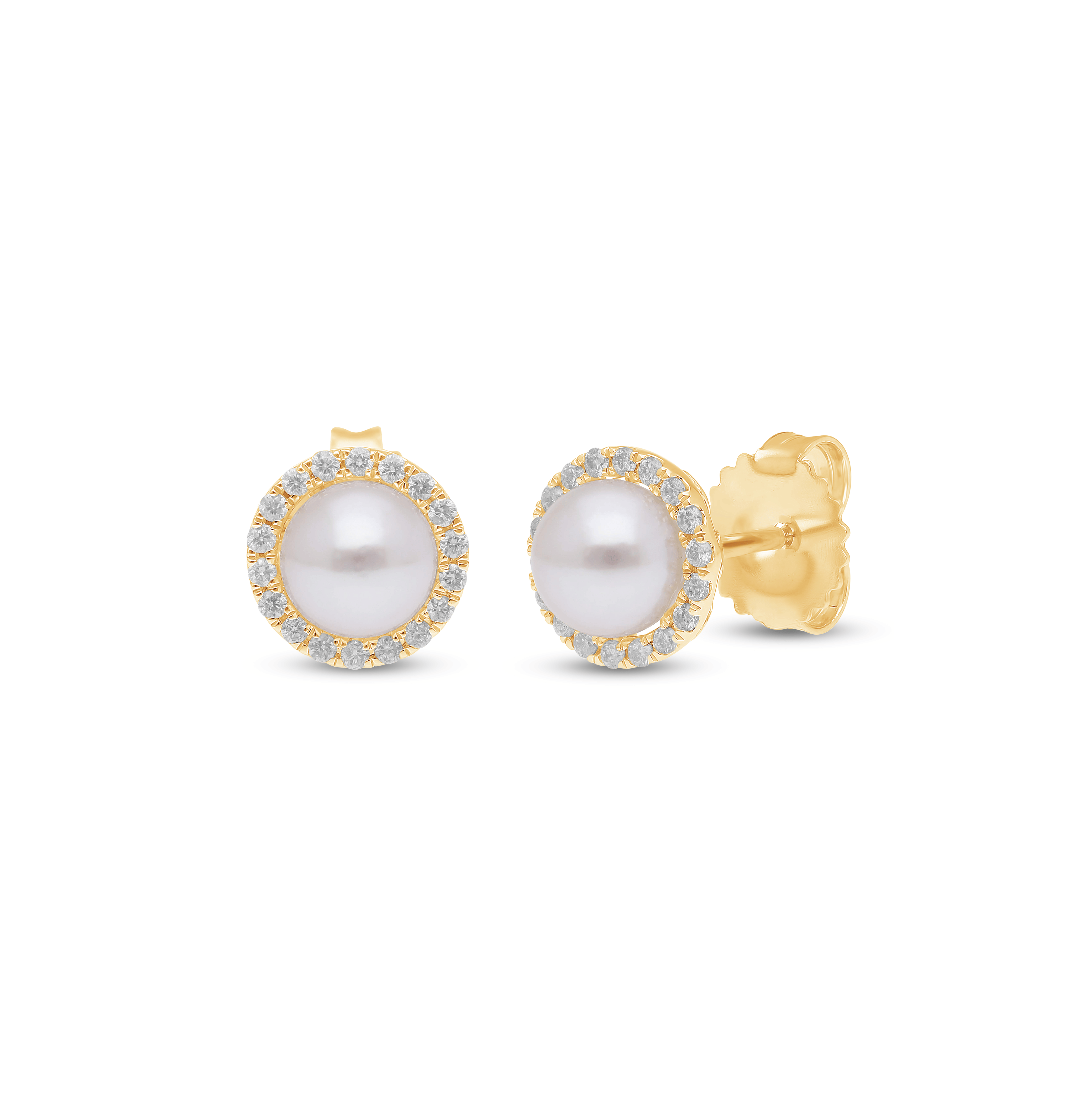 Sabel Collection Yellow Gold Pearl and Diamond Halo Stud Earrings