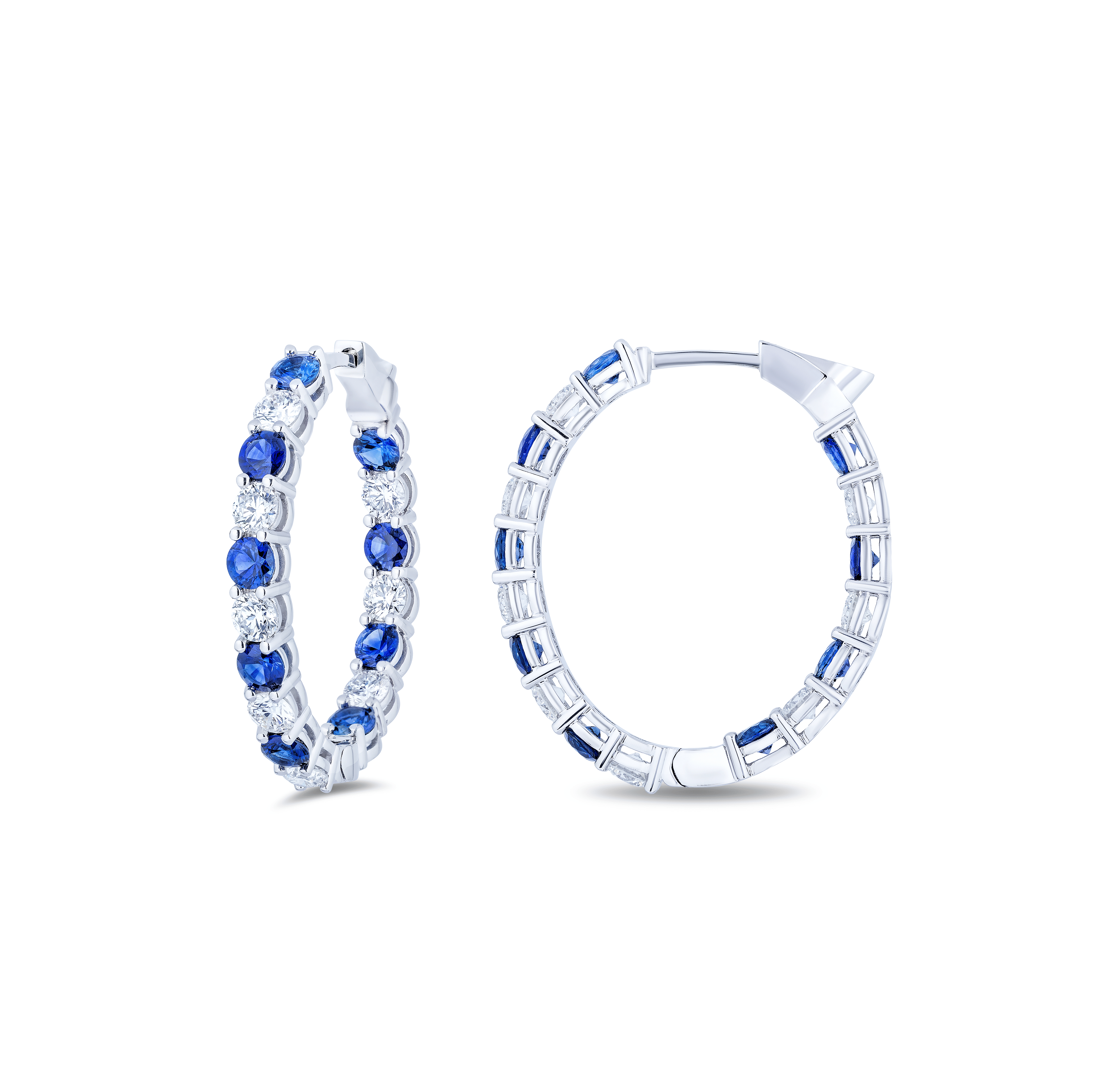 Sabel Collection White Gold Alternating Sapphire and Diamond Hoop Earrings