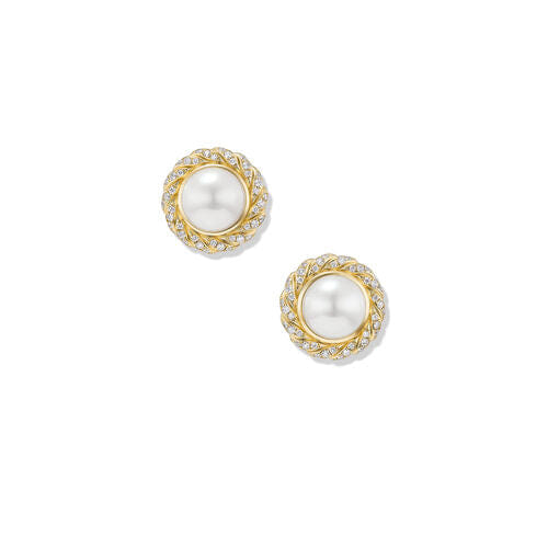 David Yurman Pearl Classics Cable Halo Button Earrings in 18K Yellow Gold with Diamonds, 13mm