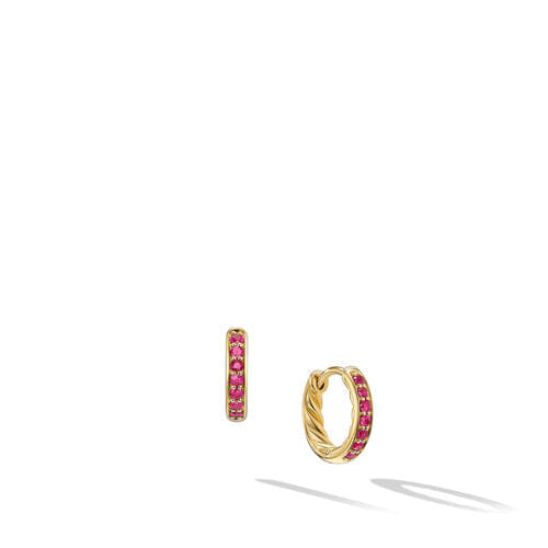 David Yurman Petite Pavé Huggie Hoop Earrings in 18K Yellow Gold with Rubies, 12mm