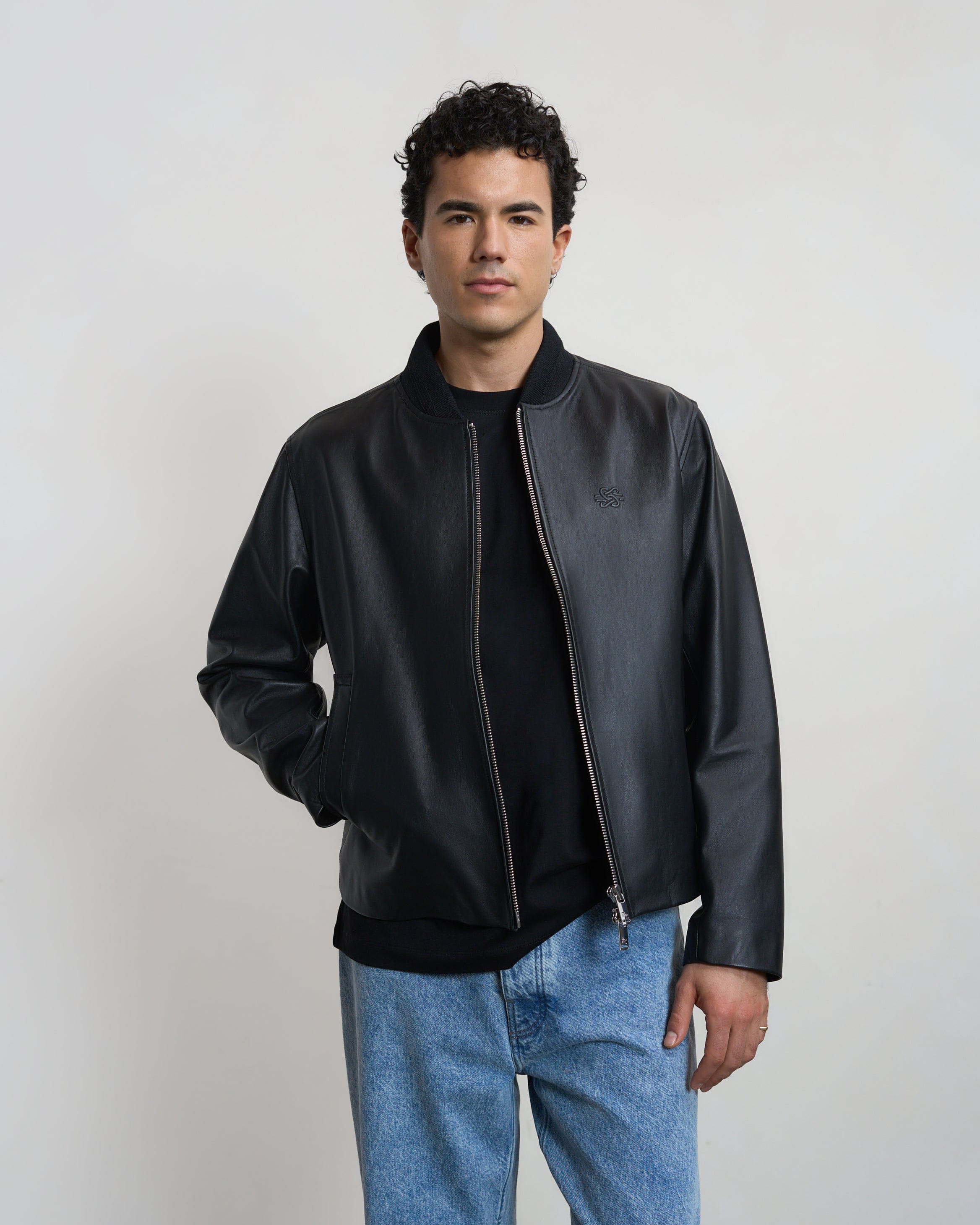 Entry Luxury Leather Bomber Jacket Black
