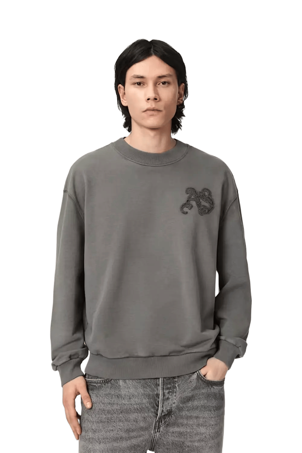 ALLSAINTS Insignia Crew Neck Cotton Sweatshirt Washed Black
