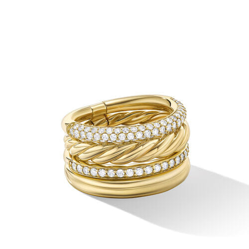 David Yurman DY Mercer Multi Row Ring in 18K Yellow Gold with Pavé Diamonds, Size 8