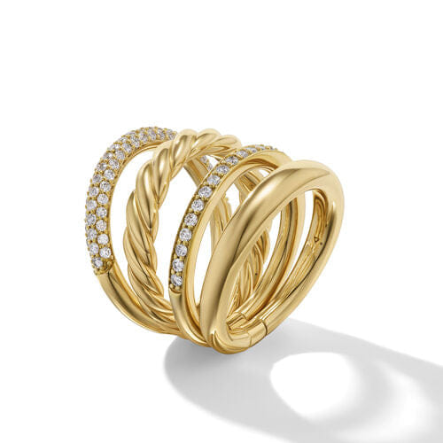 David Yurman DY Mercer Multi Row Ring in 18K Yellow Gold with Pavé Diamonds, Size 8