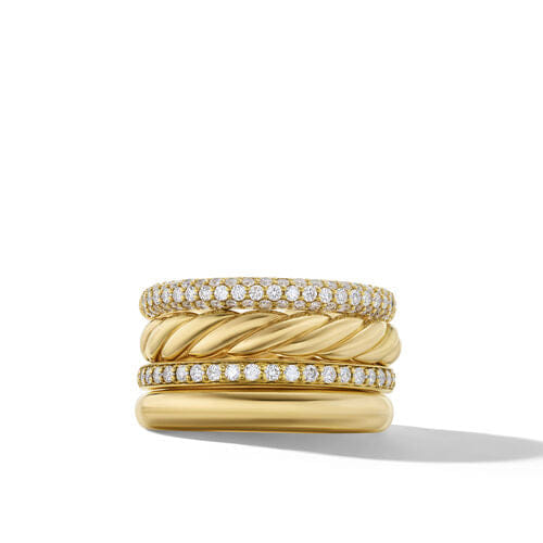 David Yurman DY Mercer Multi Row Ring in 18K Yellow Gold with Pavé Diamonds, Size 8
