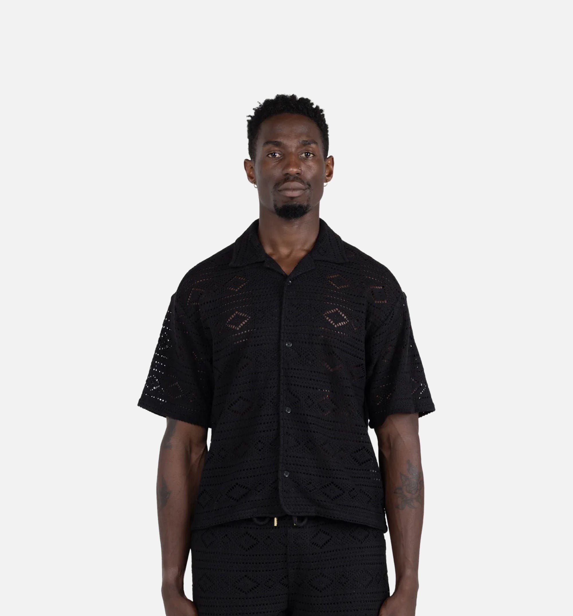 HONOR Pointelle Crochet Mens Short Sleeve Shirt - Black