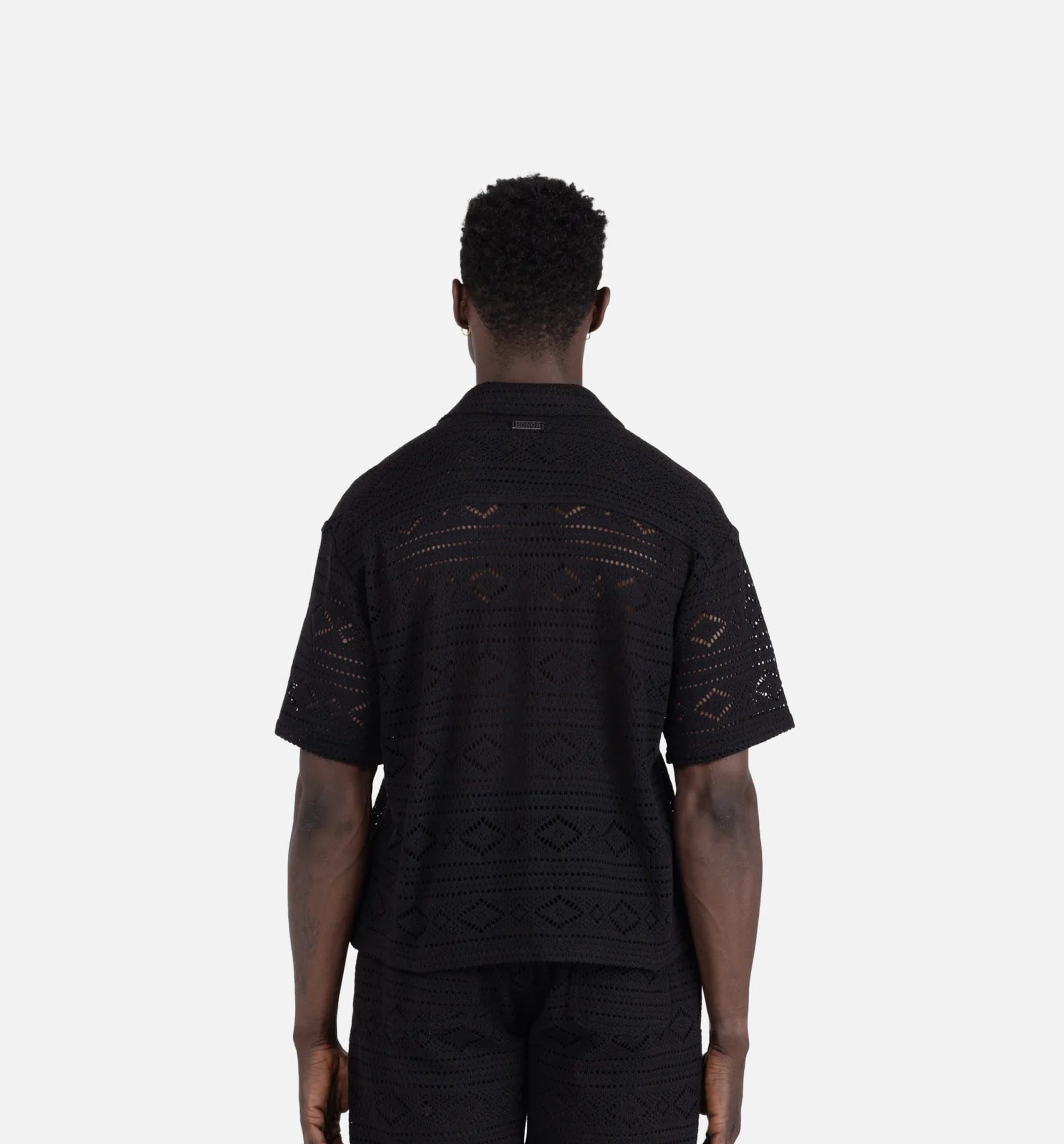 HONOR Pointelle Crochet Mens Short Sleeve Shirt - Black