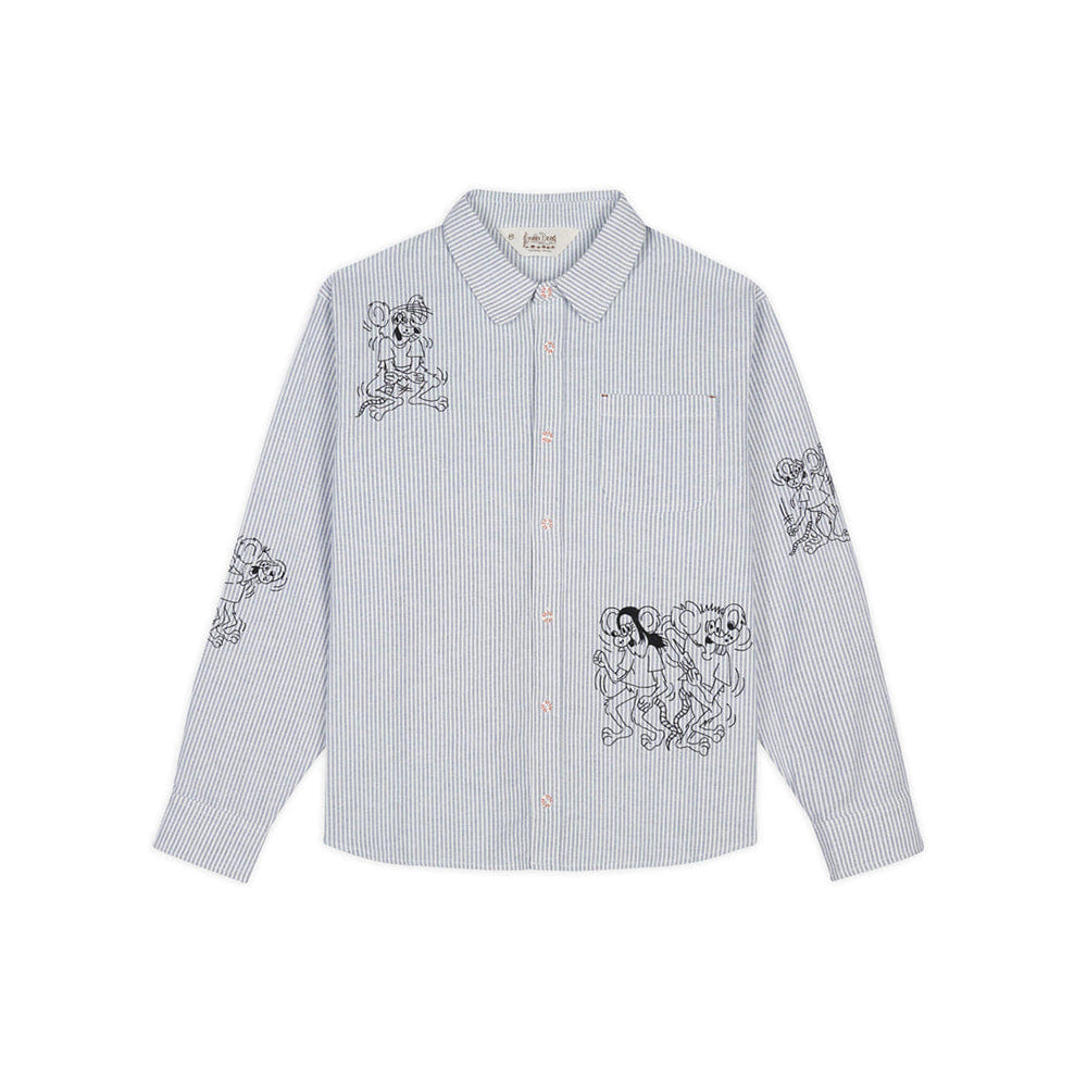 Brain Dead Striped Embroidered Mouse Button up Shirt - Blue