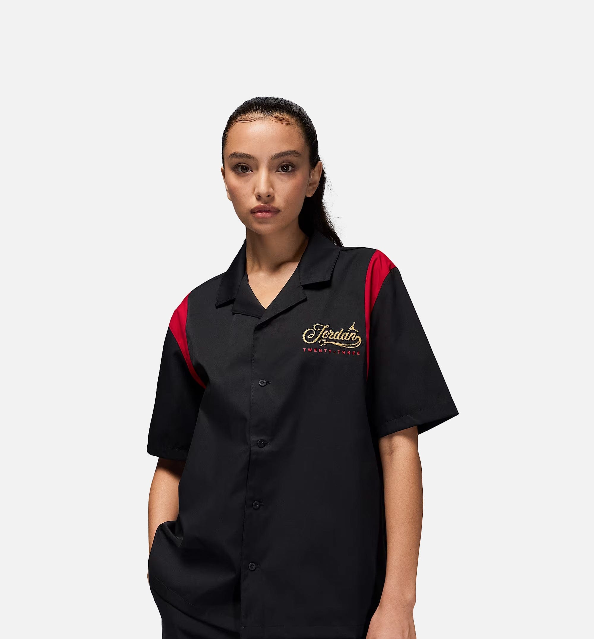 Air Jordan Button Up Womens Short Sleeve Shirt - Black/Gym Red