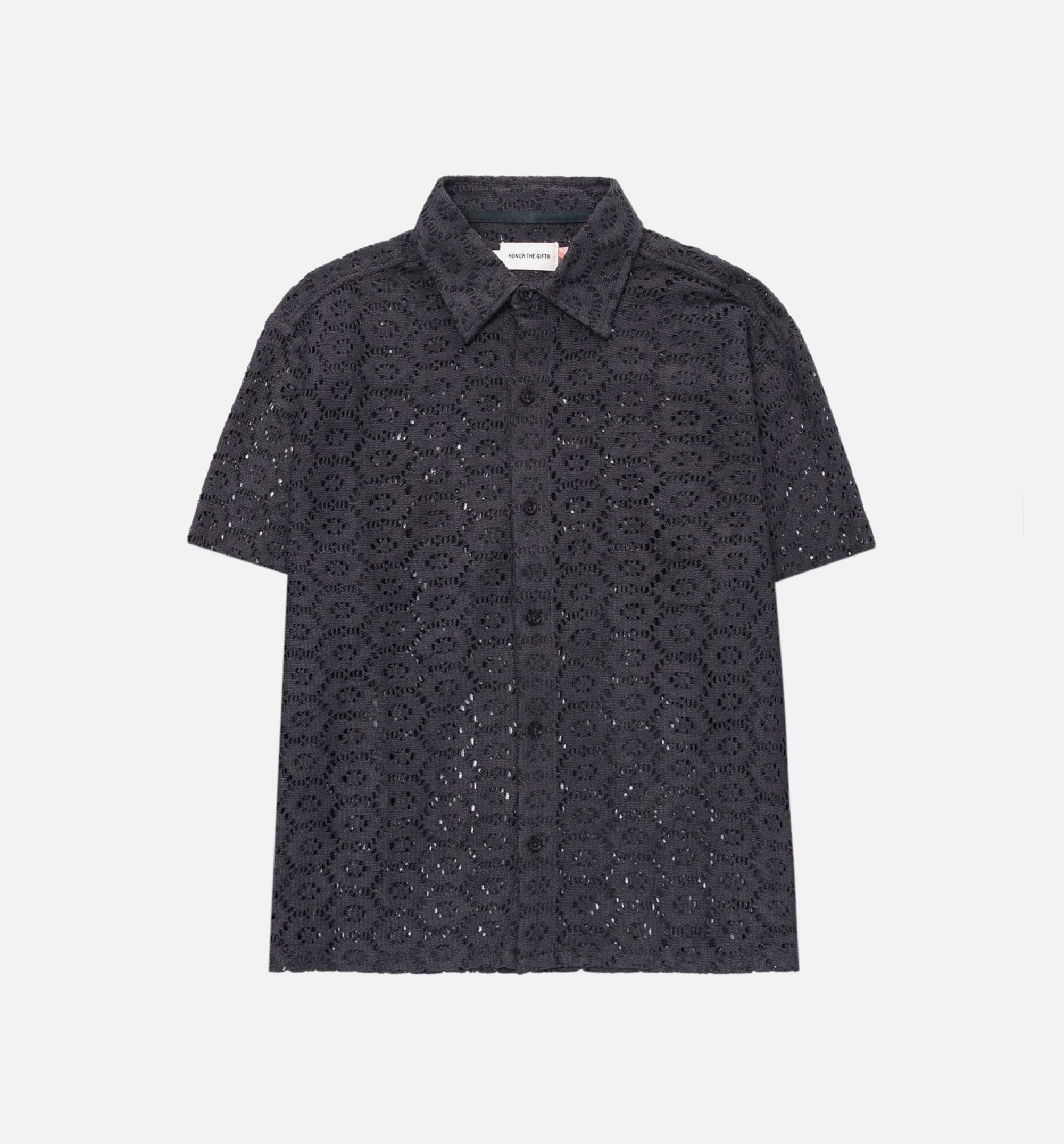 HONOR Crochet Button Up Mens Short Sleeve Shirt - Black
