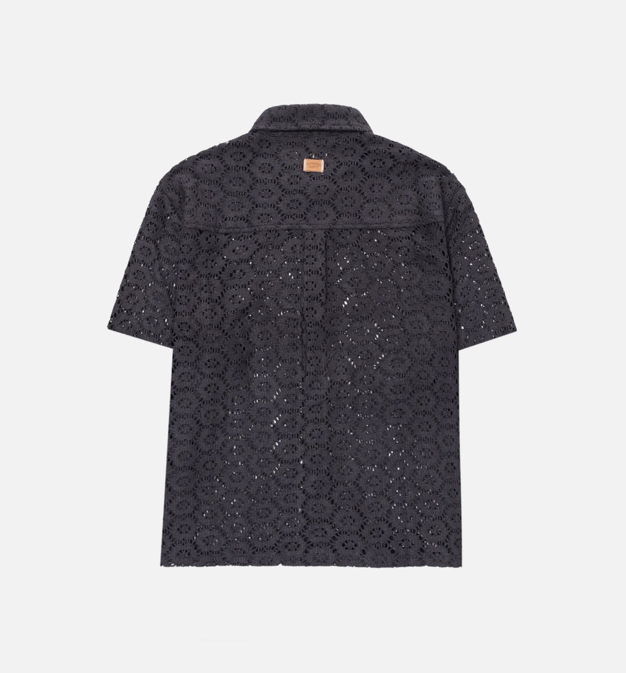 HONOR Crochet Button Up Mens Short Sleeve Shirt - Black