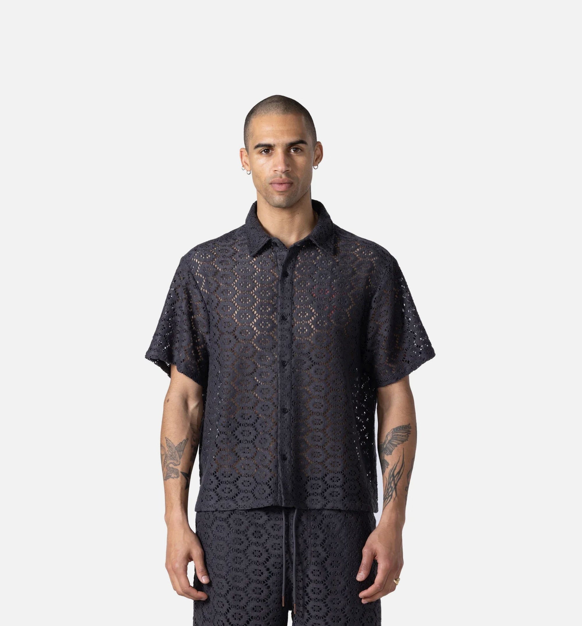 HONOR Crochet Button Up Mens Short Sleeve Shirt - Black