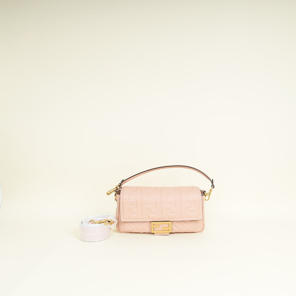 Fendi Light Peach FF Embossed Baguette Medium Shoulder Bag