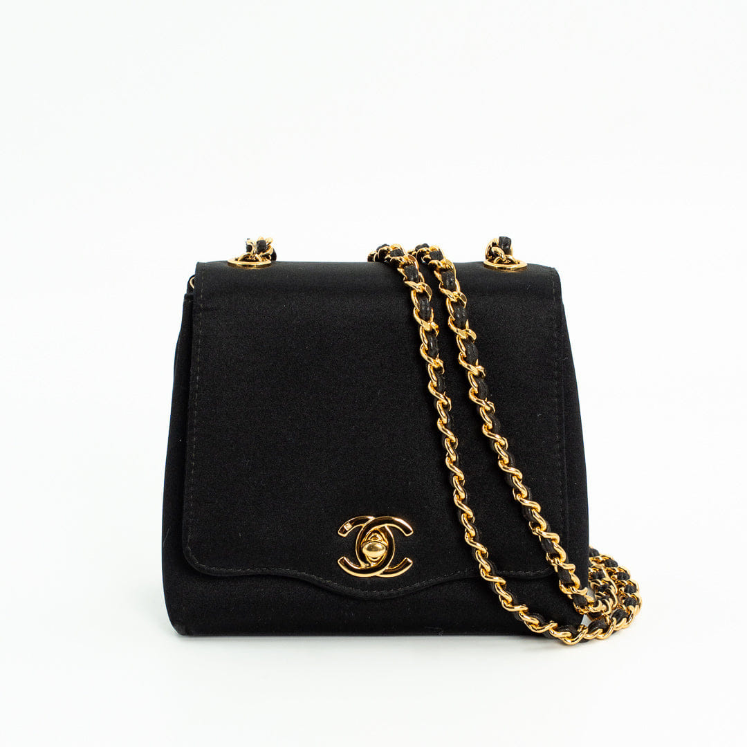 Chanel Vintage Shoulder Bag in Black Satin with Gold Hardware