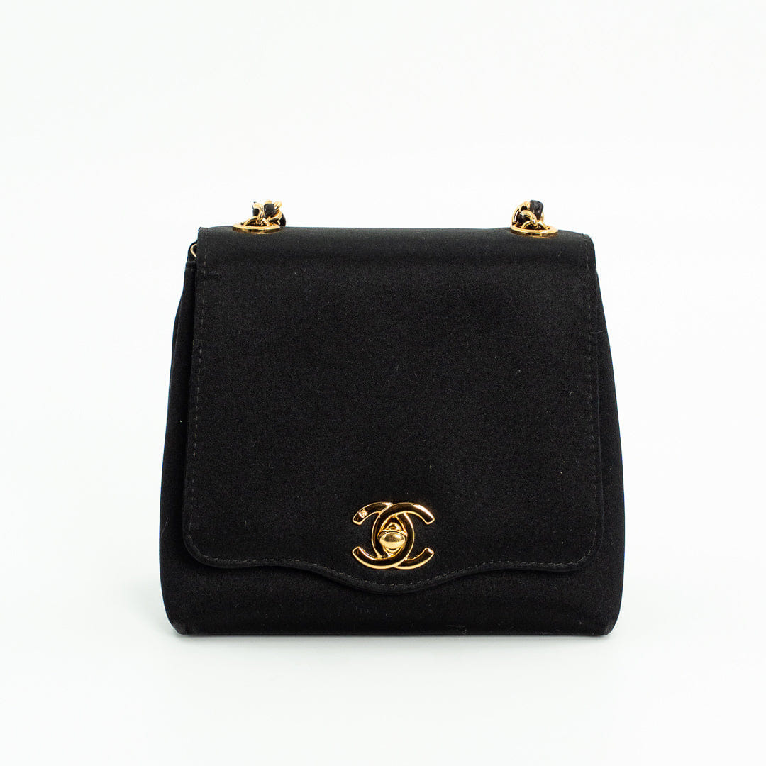 Chanel Vintage Shoulder Bag in Black Satin with Gold Hardware