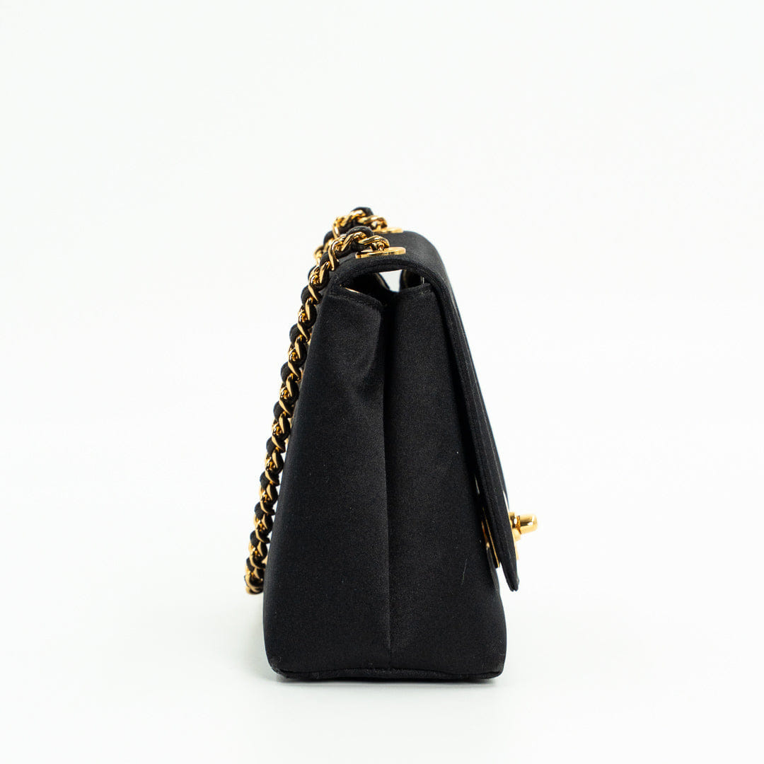 Chanel Vintage Shoulder Bag in Black Satin with Gold Hardware