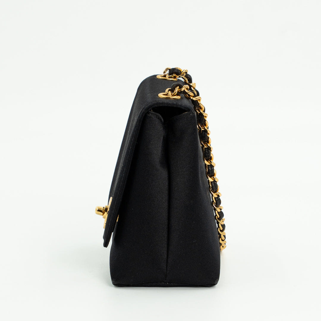 Chanel Vintage Shoulder Bag in Black Satin with Gold Hardware
