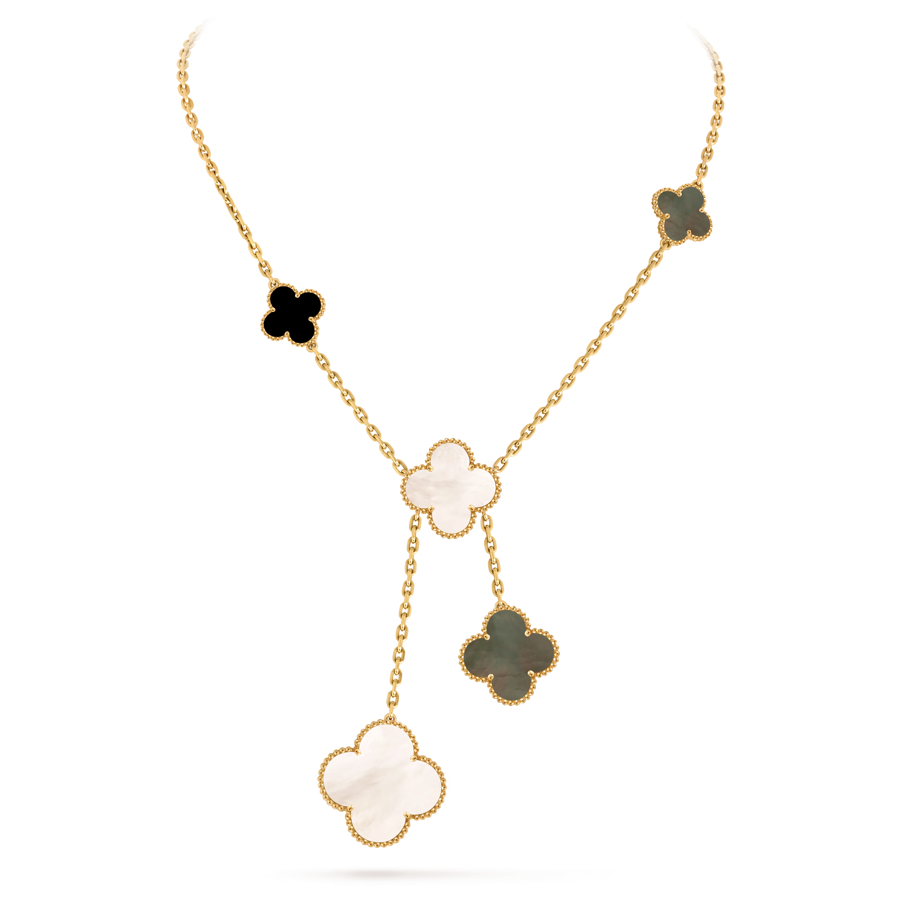 Van Cleef & Arpels Magic Alhambra 6 Motifs Necklace in 18K Yellow Gold with Mother of Pearl & Onyx