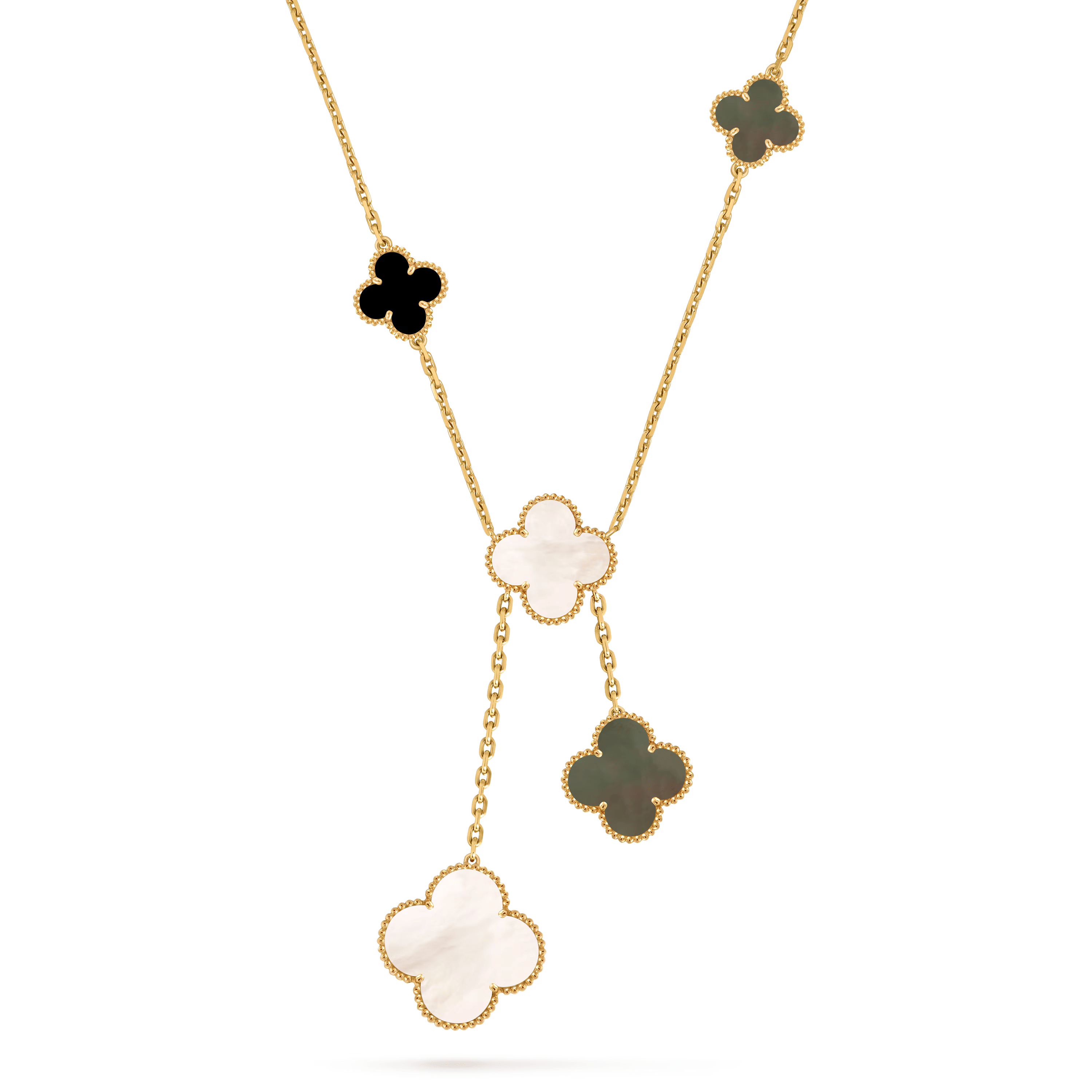 Van Cleef & Arpels Magic Alhambra 6 Motifs Necklace in 18K Yellow Gold with Mother of Pearl & Onyx