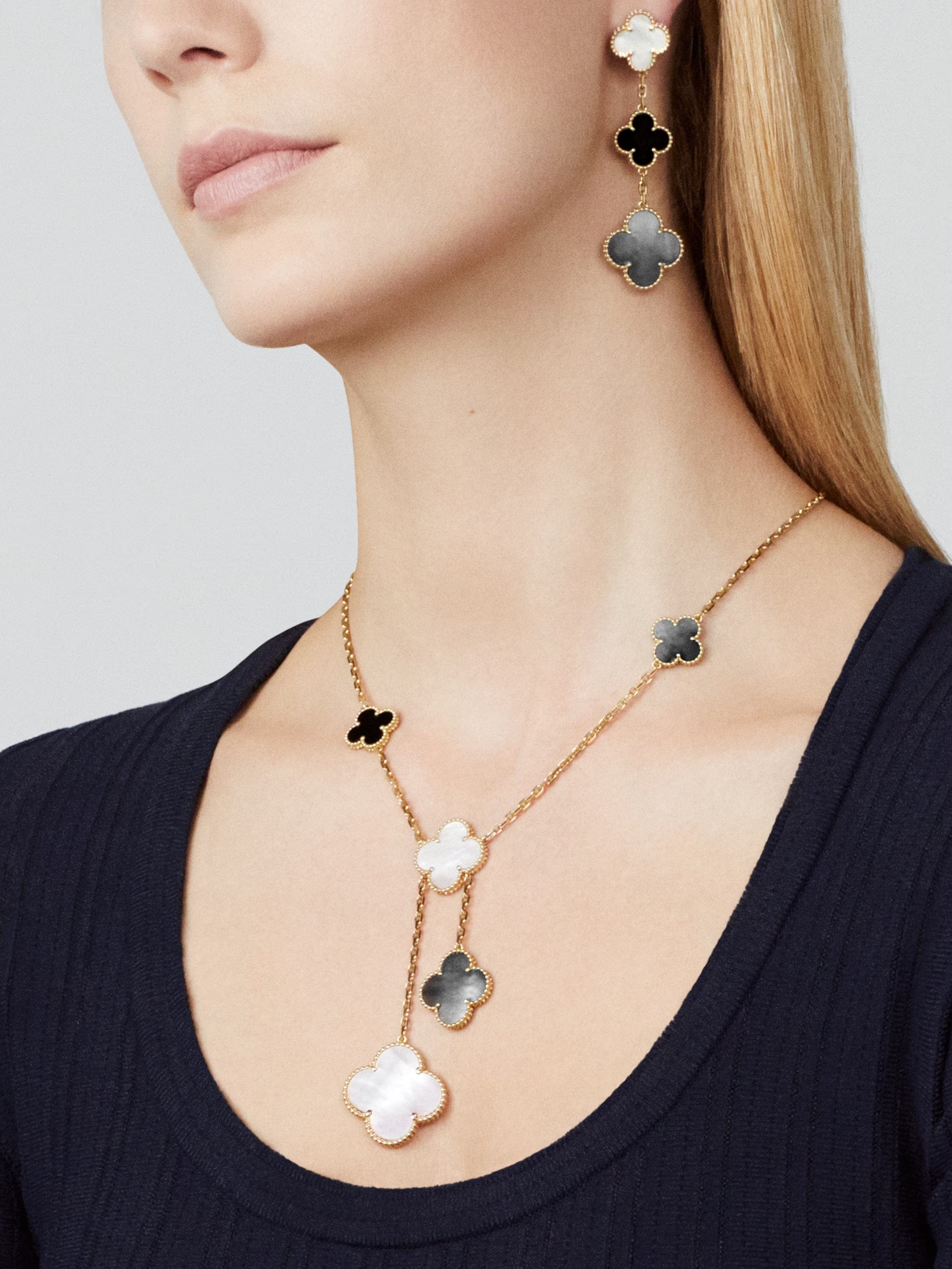 Van Cleef & Arpels Magic Alhambra 6 Motifs Necklace in 18K Yellow Gold with Mother of Pearl & Onyx