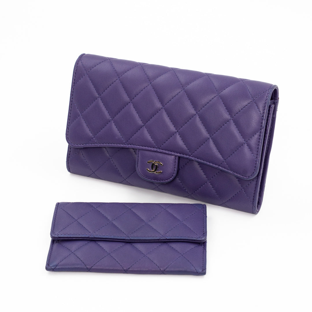 Chanel Classic Long Flap Wallet with Removable Card Holder in Purple Quilted Lambskin Leather