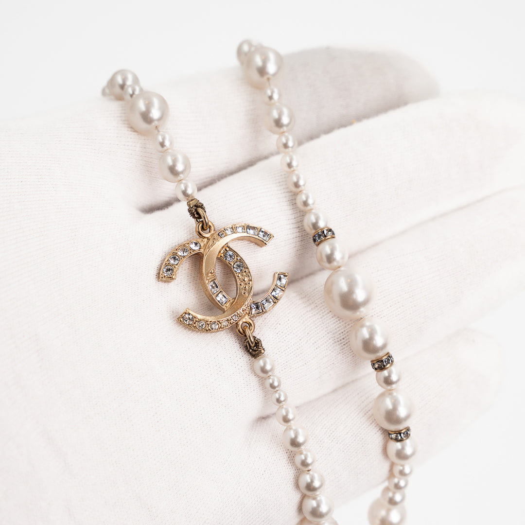 Chanel A19V Pearl CC Long Necklace in Gold Tone Metal & White Faux Pearls