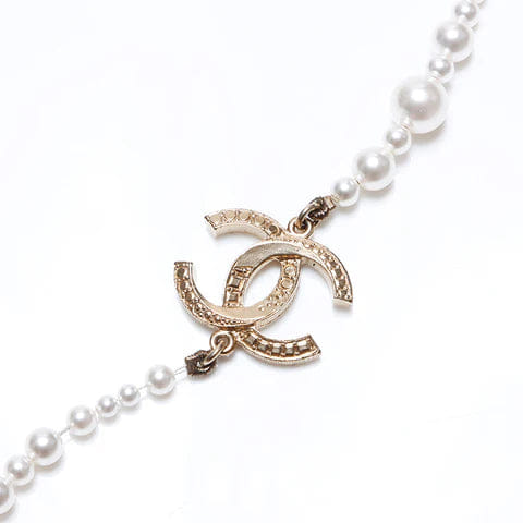 Chanel A19V Pearl CC Long Necklace in Gold Tone Metal & White Faux Pearls