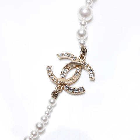 Chanel A19V Pearl CC Long Necklace in Gold Tone Metal & White Faux Pearls