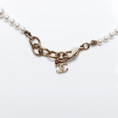 Chanel A19V Pearl CC Long Necklace in Gold Tone Metal & White Faux Pearls